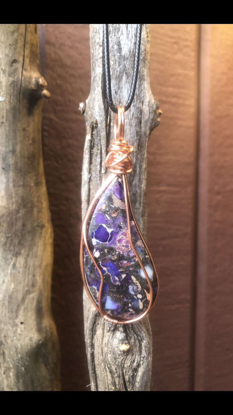 Copper Plated Wire Wrapped Impression Jasper Crystal Pendant