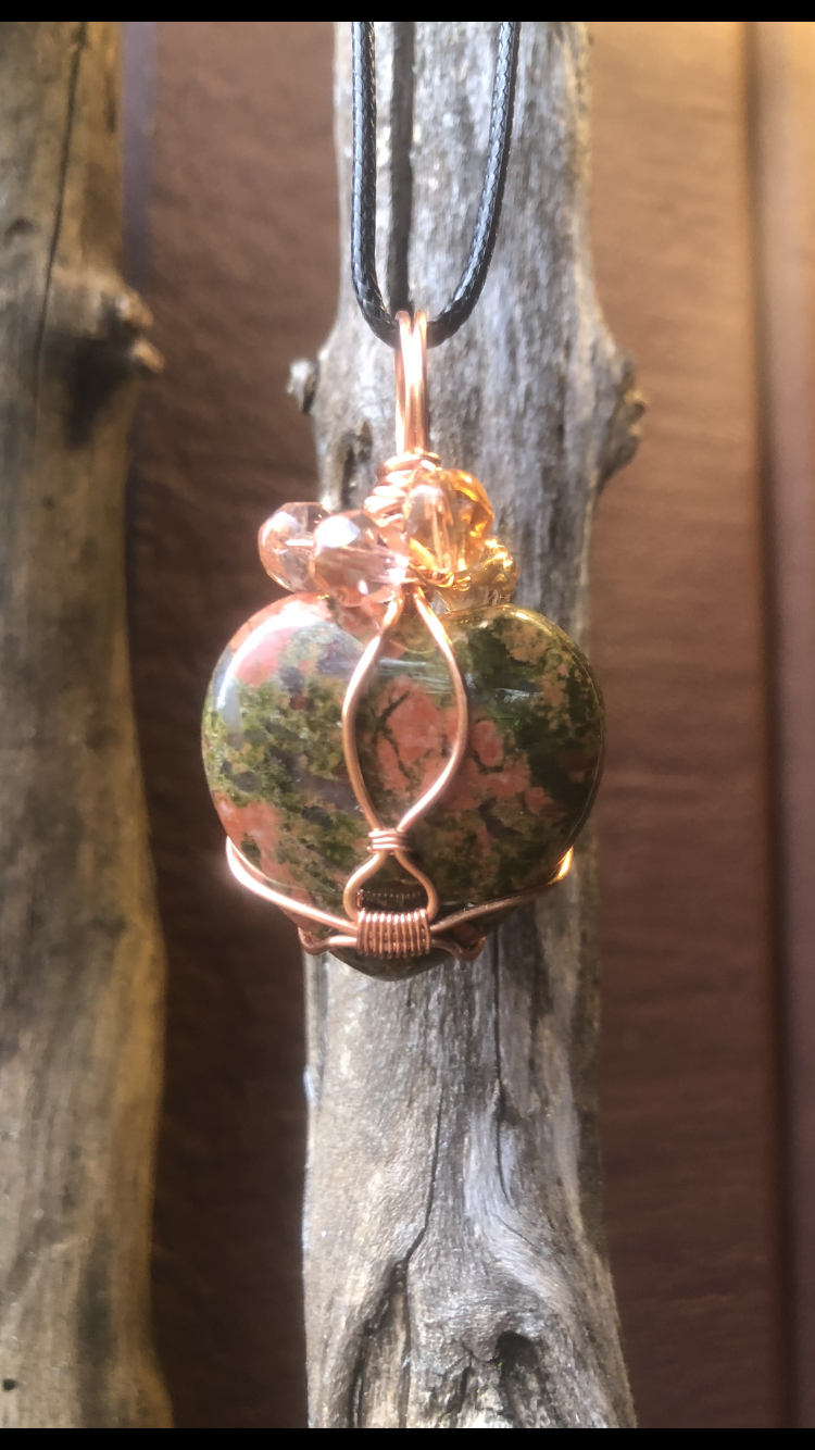 Copper Plated Wire Wrapped Unakite Crystal Love Heart♥ Pendant