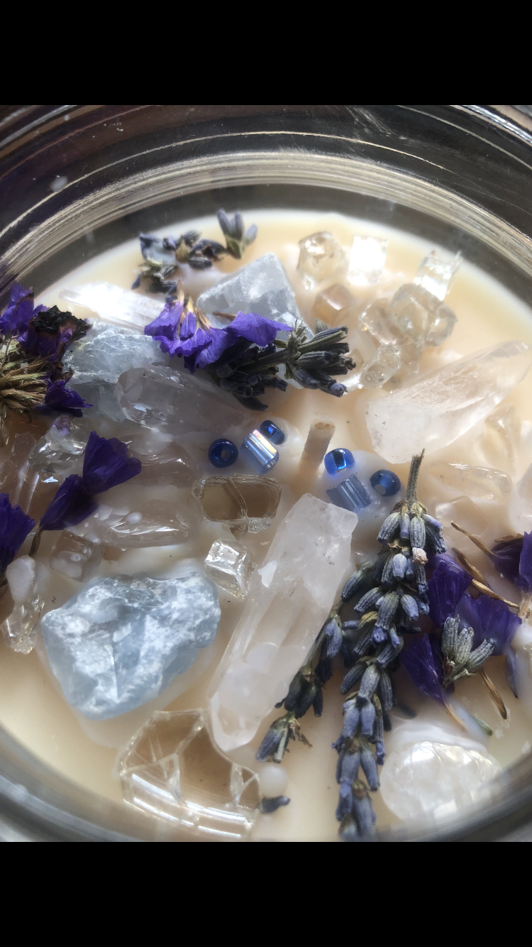 Crystal Galaxies Celestite And Clear Quartz Crystal Clarity And Inner Peace Candle (18oz.)