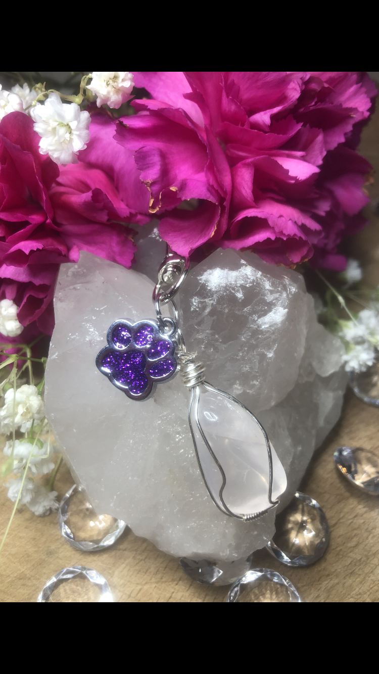 Rose Quartz Crystal With Sparkly Purple Paw Charm For Fur Babies