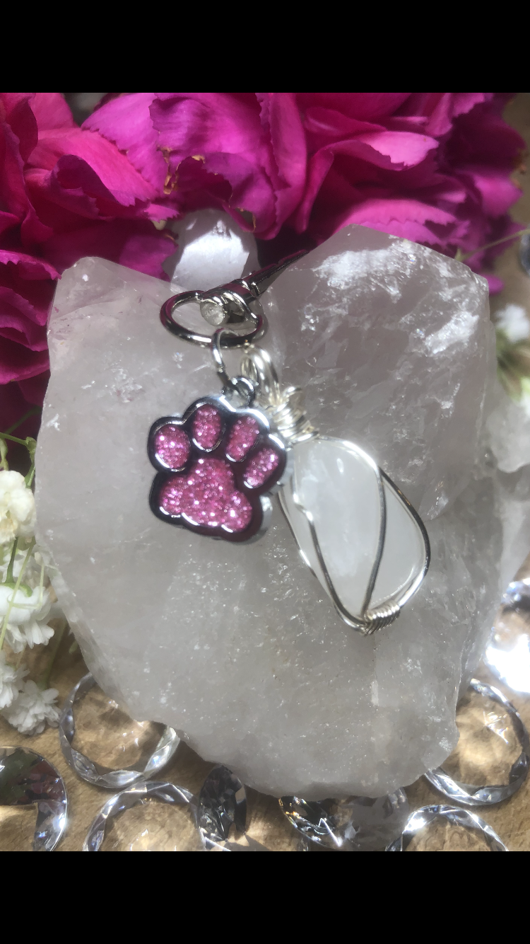 Rose Quartz Crystal With Sparkly Light Pink Paw Charm For Fur Babies