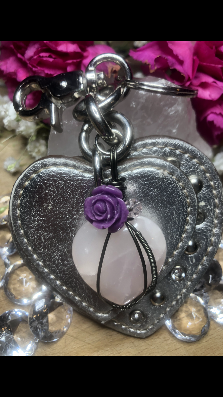 Rose Quartz Heart Pendant ~ Silver Leather Heart Studded Keychain