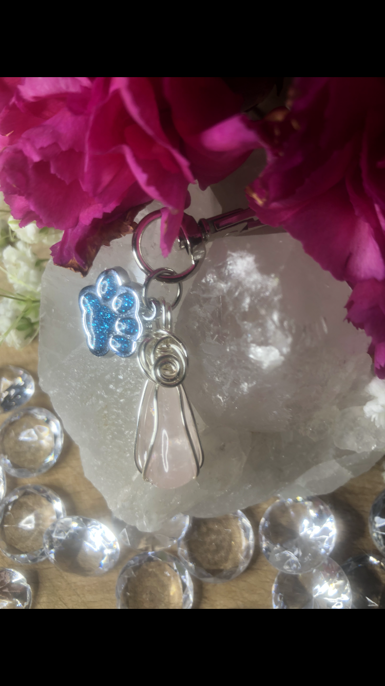 Rose Quartz Crystal With Sparkly Light Blue Paw Charm For Fur Babies