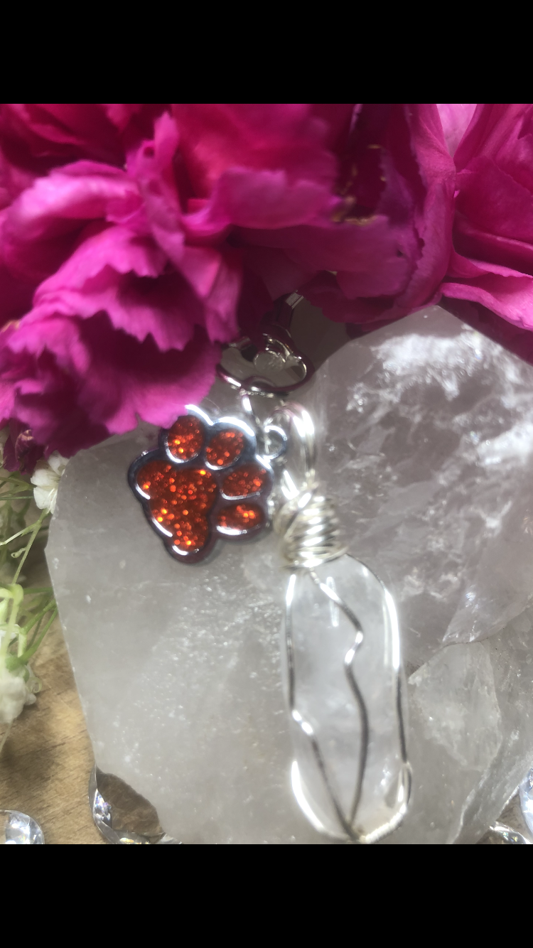 Rose Quartz Crystal With Sparkly Red Paw Charm For Fur Babies