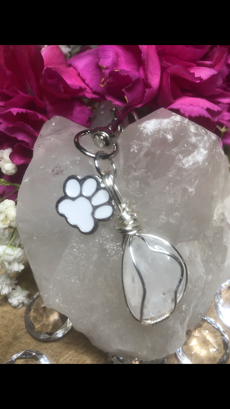 Rose Quartz Crystal With A Shiny White Paw Charm For Fur Babies