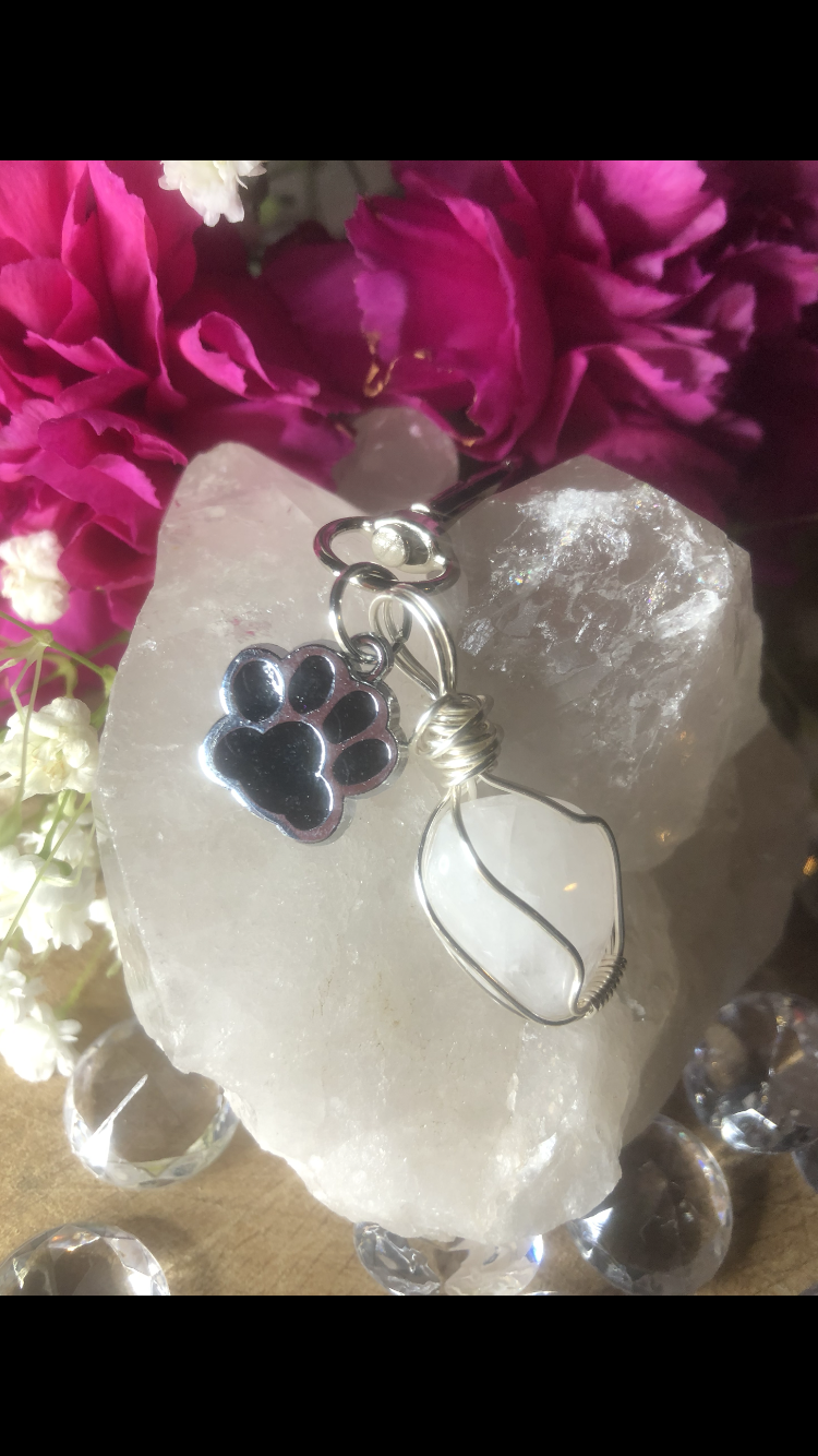 Rose Quartz Crystal With Shiny Black Paw Charm For Fur Babies