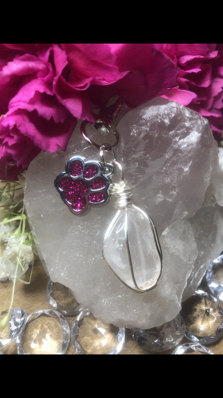 Rose Quartz Crystal With Sparkly Hot Pink Paw Charm For Fur Babies