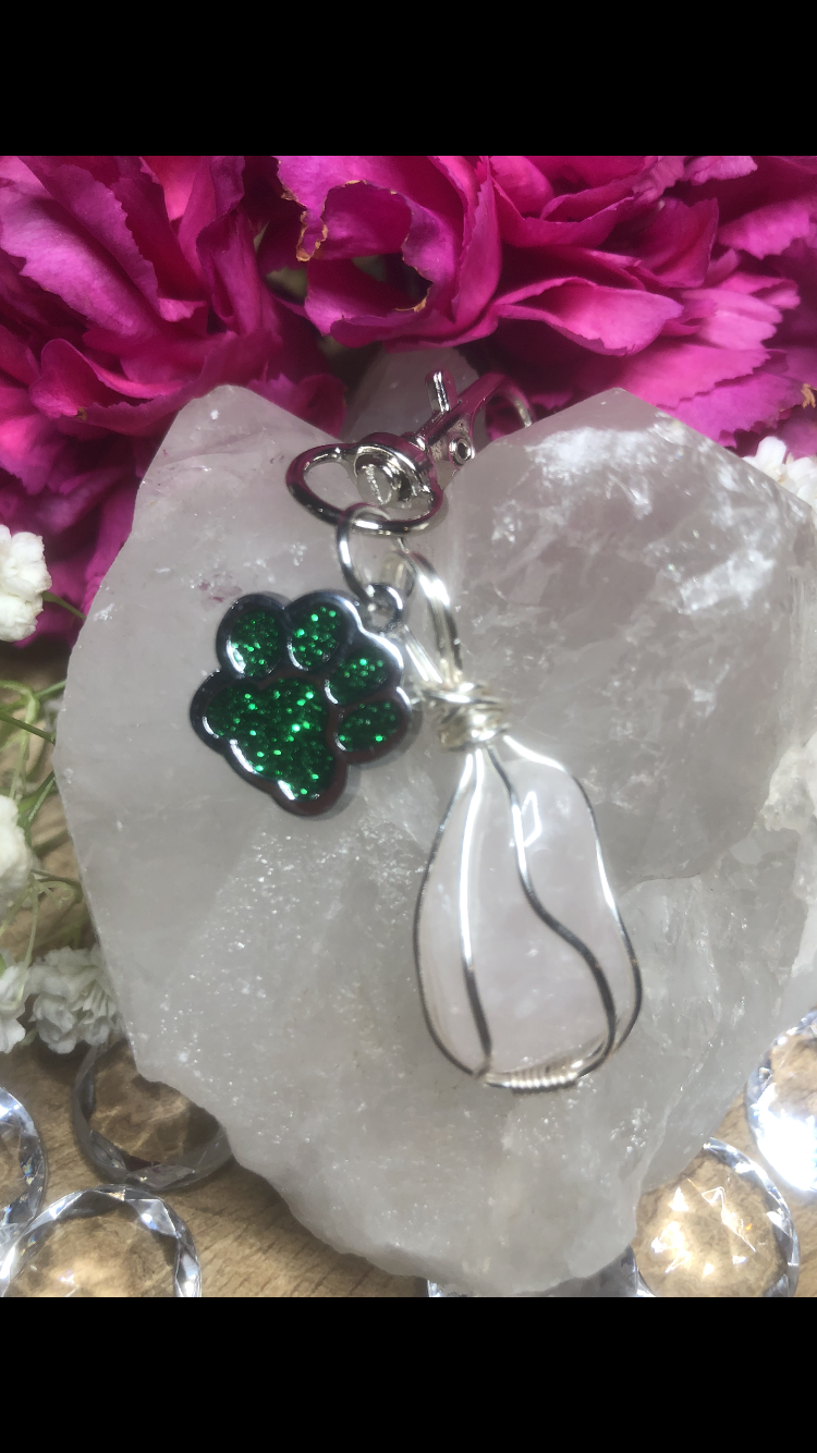 Rose Quartz Crystal With Sparkly Green Paw Charm For Fur Babies