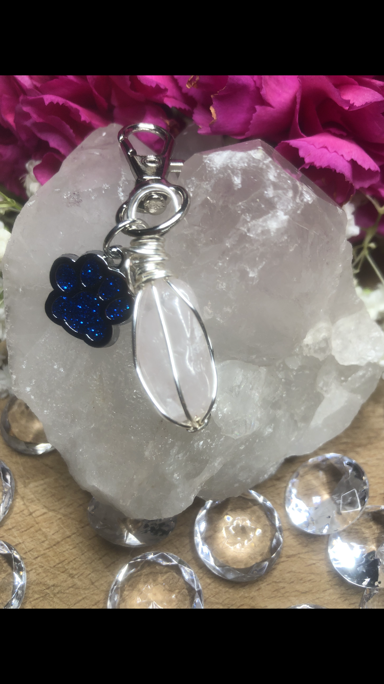 Rose Quartz Crystal With Sparkly Dark Blue Paw Charm For Fur Babies