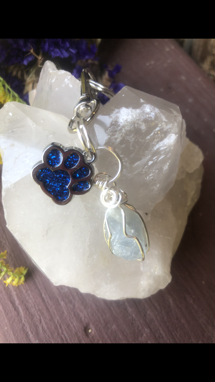 Celestite Crystal With Sparkly Dark Blue Paw Charm For Fur Babies