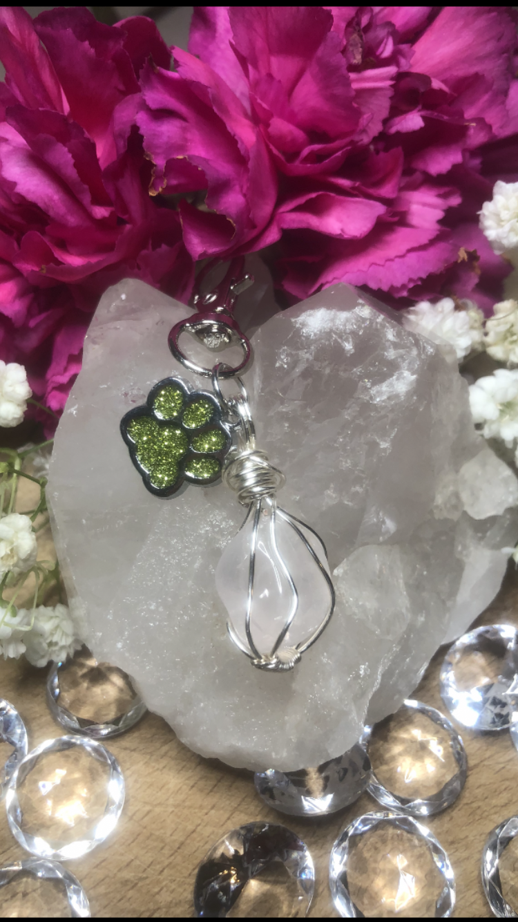 Rose Quartz Crystal With Sparkly Light Green Paw Charm For Fur Babies