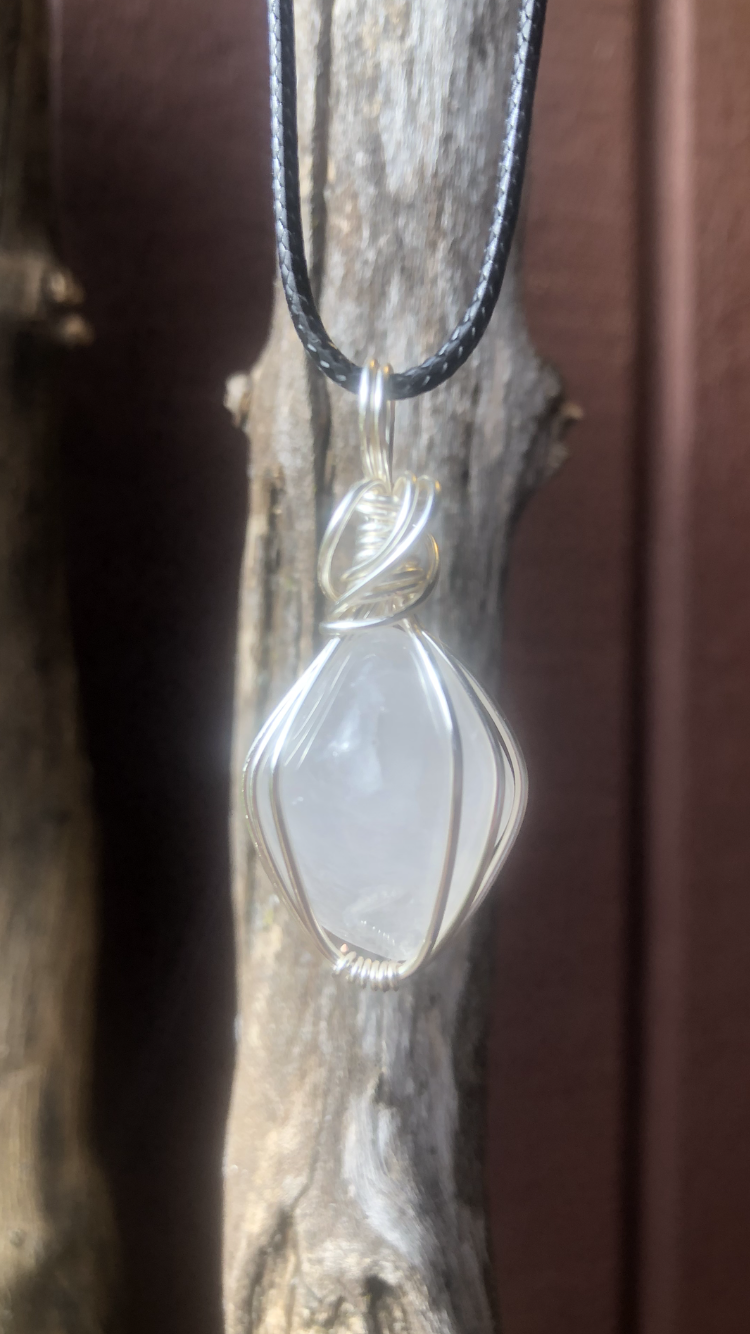 Silver Plated Wire Wrapped Rose Quartz Crystal Pendant