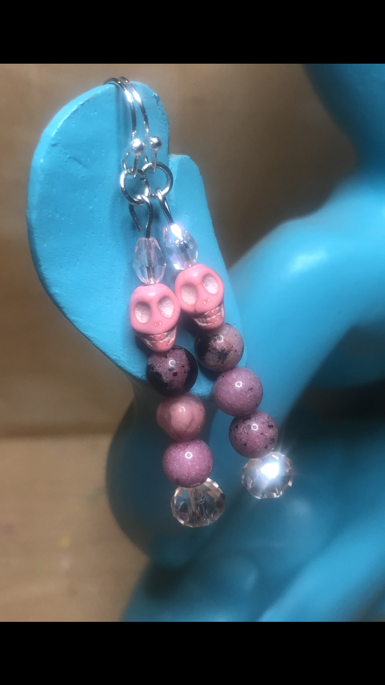 Crystal Galaxies Rhodonite And Pink Skull Lobe Love Earrings