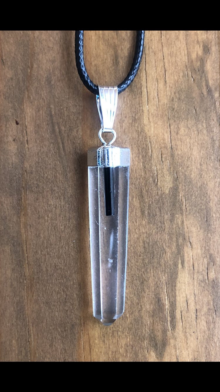 Clear Quartz Crystal And Black Tourmaline .925 Sterling Silver Pendant #1