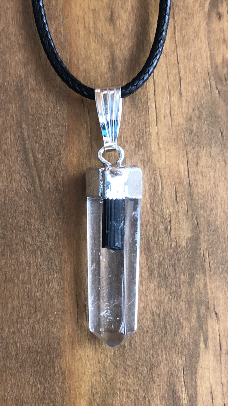 Clear Crystal Quartz And Black Tourmaline .925 Sterling Silver Pendant #2