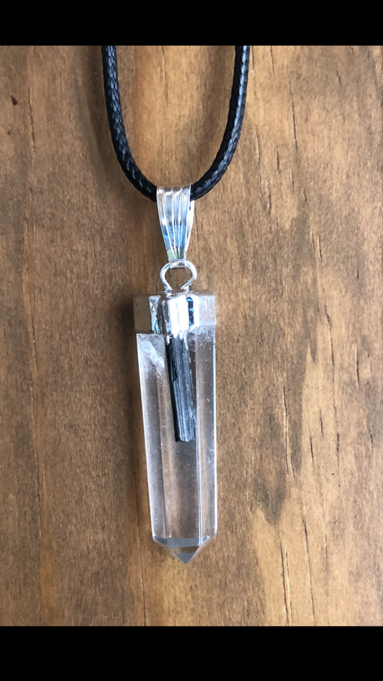 Clear Crystal Quartz And Black Tourmaline .925 Sterling Silver Pendant #3