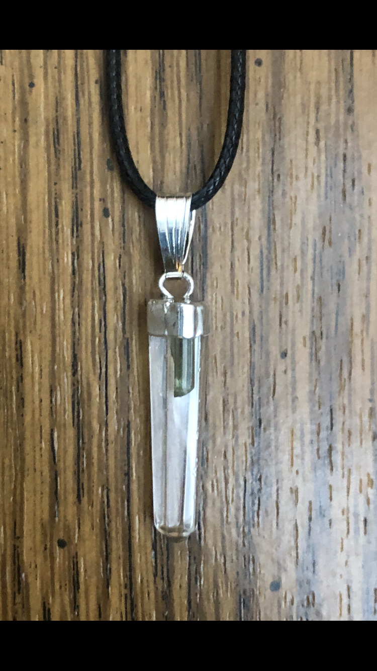 Clear Crystal Quartz And Green Tourmaline .925 Sterling Silver Pendant