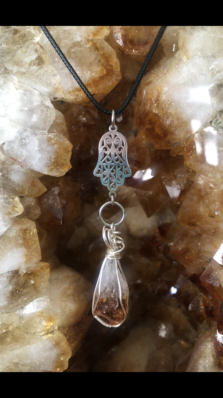 Hamsa Hand With Natural Citrine Point Drop Crystal