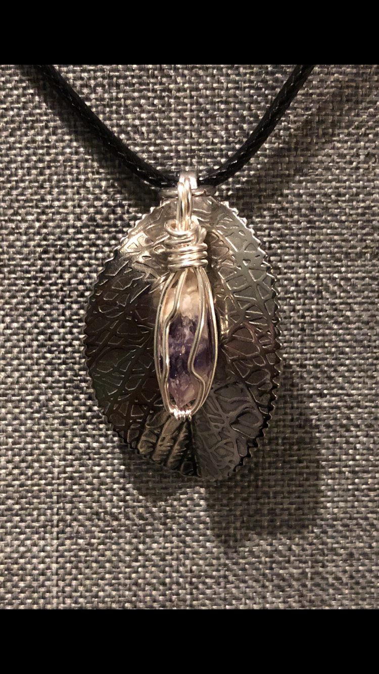 Silver Leaf With Wire Wrapped Raw Amethyst Crstal