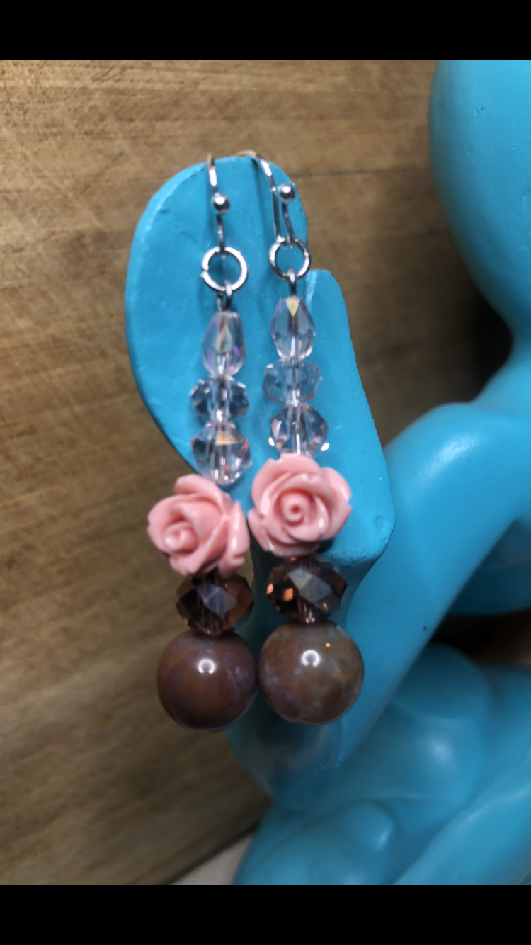 Crystal Galaxies  Fancy Jasper And Pink Resin Rose Lobe Love Earrings