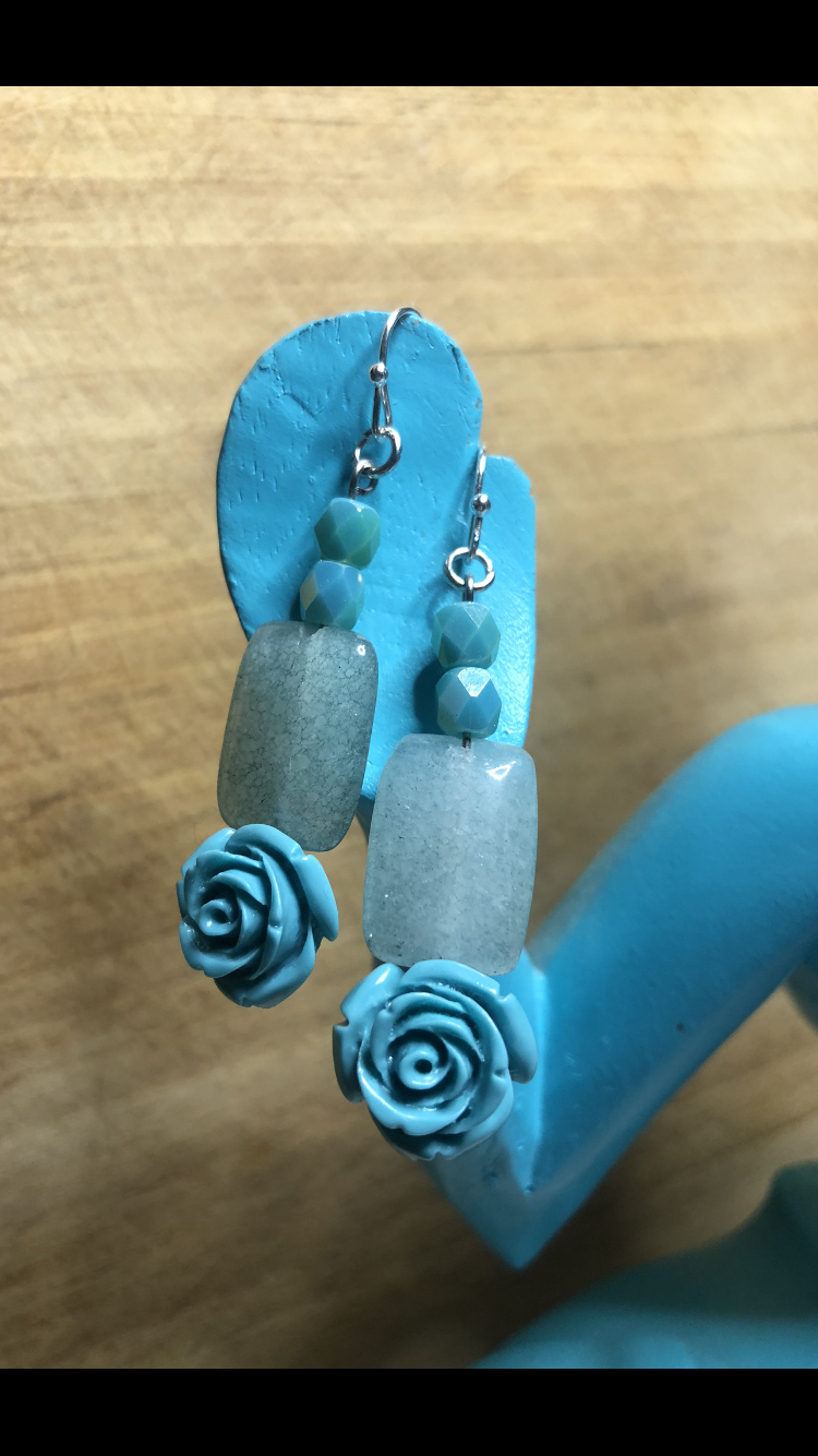 Crystal Galaxies Green Adventurine And Teal Resin Rose Lobe Love Earrings