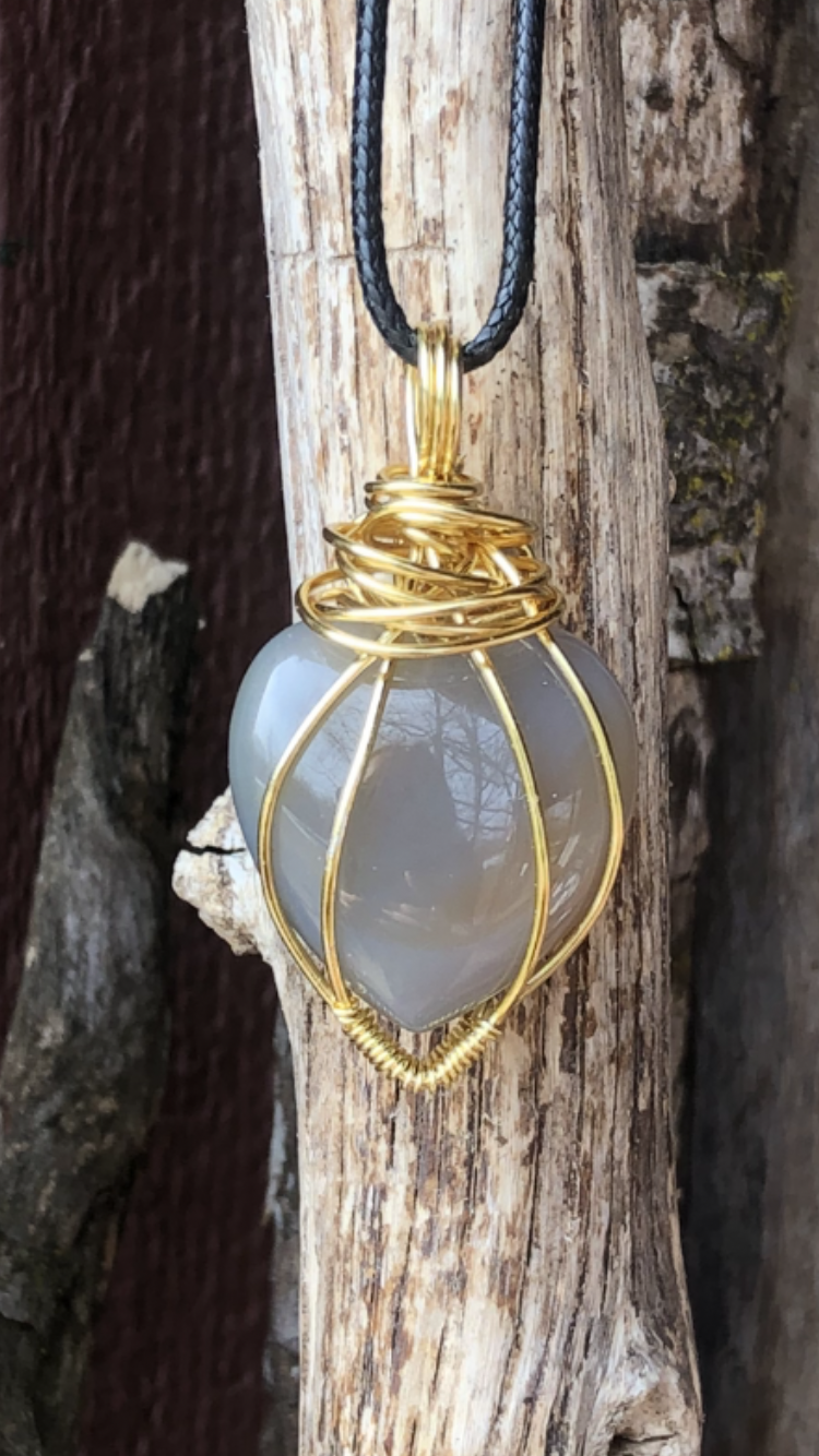 Gold Plated Wire Wrapped Grey Banded Agate Crystal Love Heart♥ Pendant