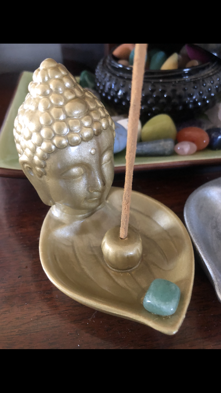 Gold Buddha Head And Leaf Incense Stick Or Cone Burner ~ Jewelry, Coin And Trinket Holder, Featuring A Green Aventurine Crystal Gemstone