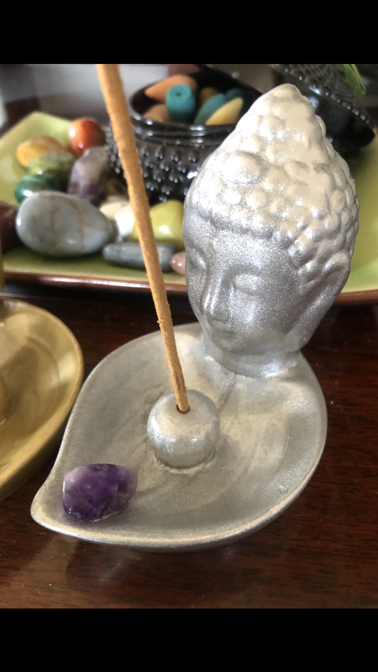 Silver Buddha Head And Leaf Incense Stick Or Cone Burner ~ Jewelry, Coin And Trinket Holder, Featuring A Amethyst Crystal Gemstone