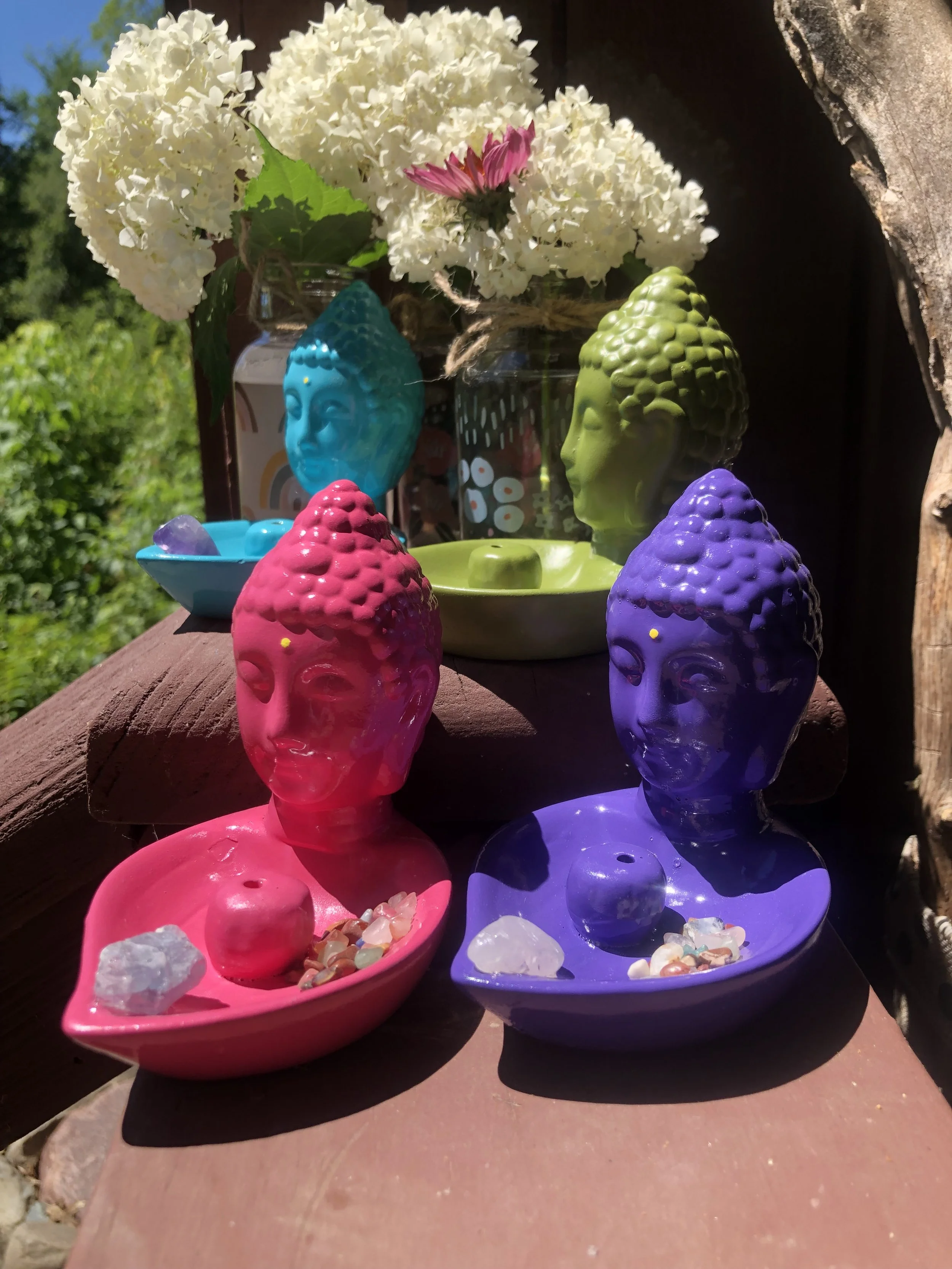Green With Labradorite & Tumbled Crystals Buddha Head And Leaf Incense Stick Or Cone Burner ~ Jewelry, Coin And Trinket Holder, Featuring A Green Aventurine Crystal Gemstone