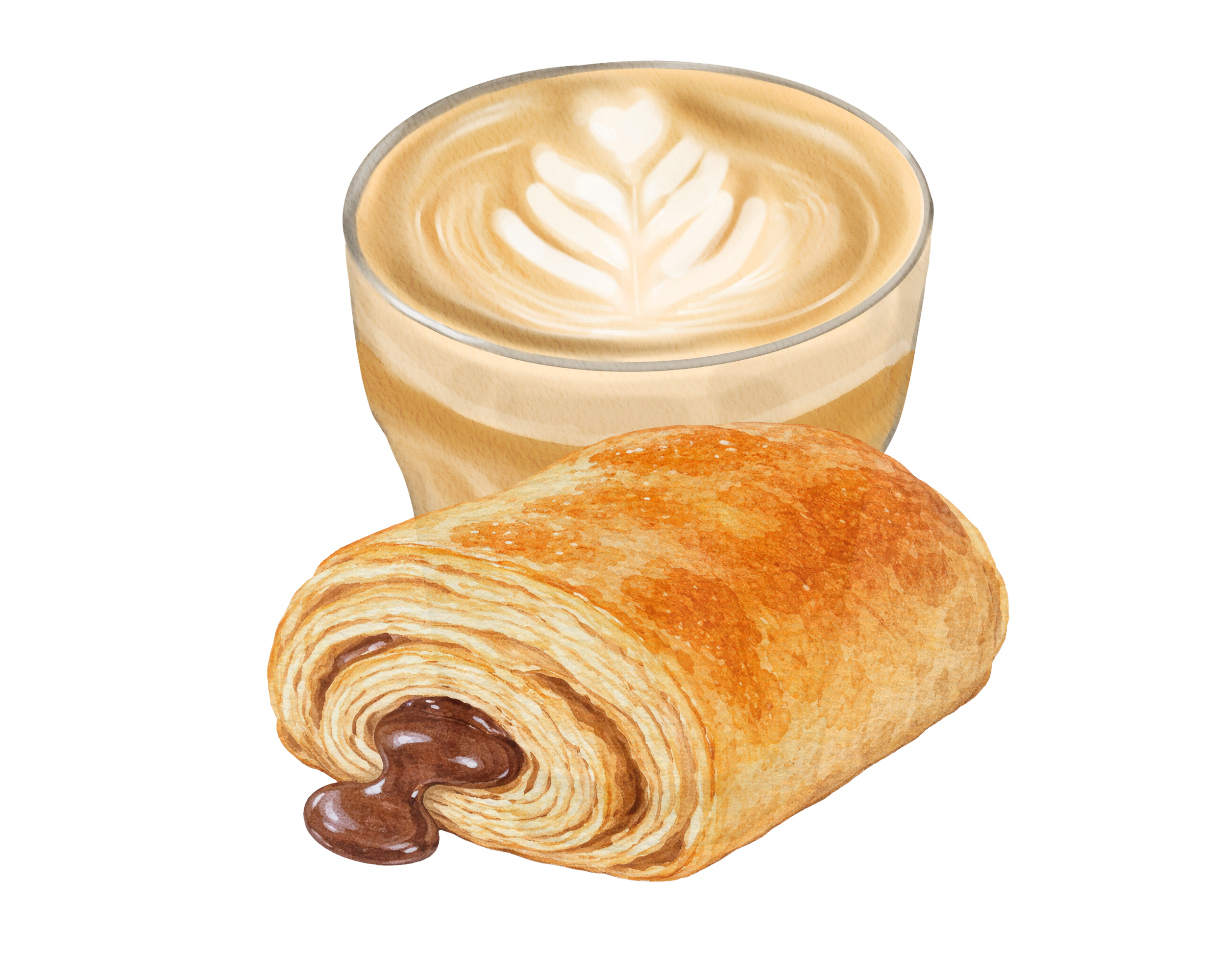 A cup of latte with latte art, a chocolate-filled pastry, and a cup of coffee.