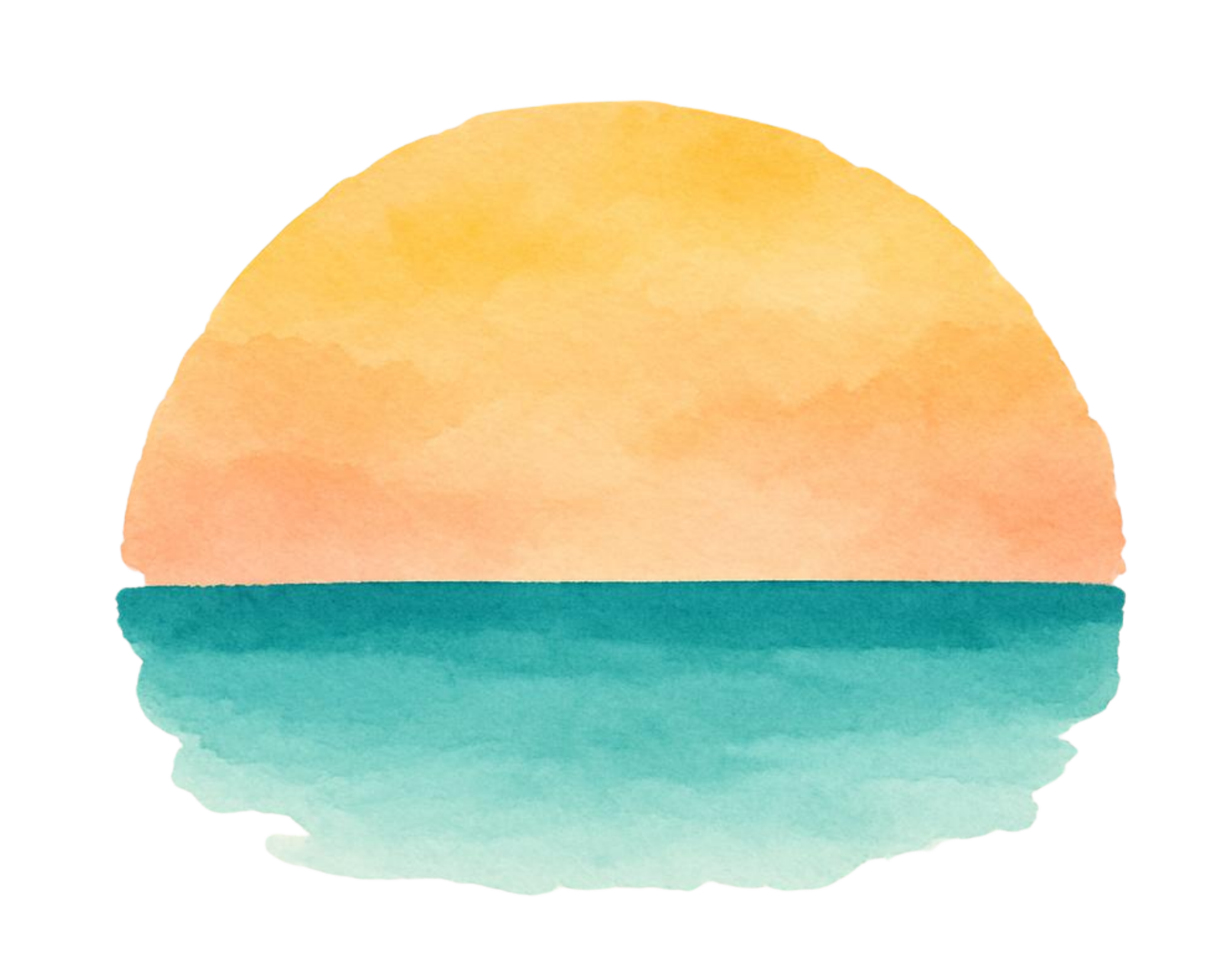 Watercolor illustration of a sunset over the ocean with warm orange and yellow hues in the sky and teal water.