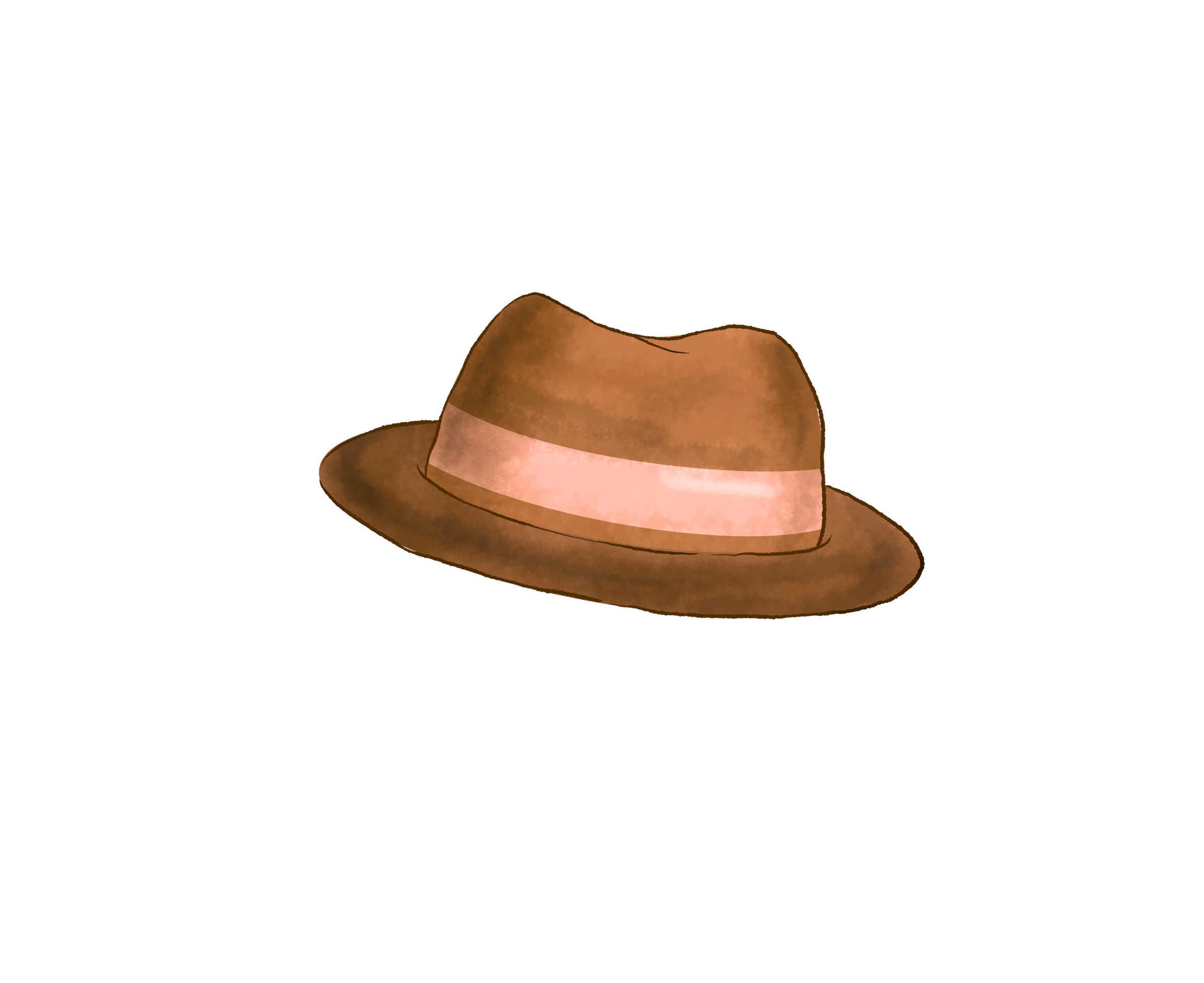 An illustration of a brown fedora hat with a light-colored band resting on a blue surface