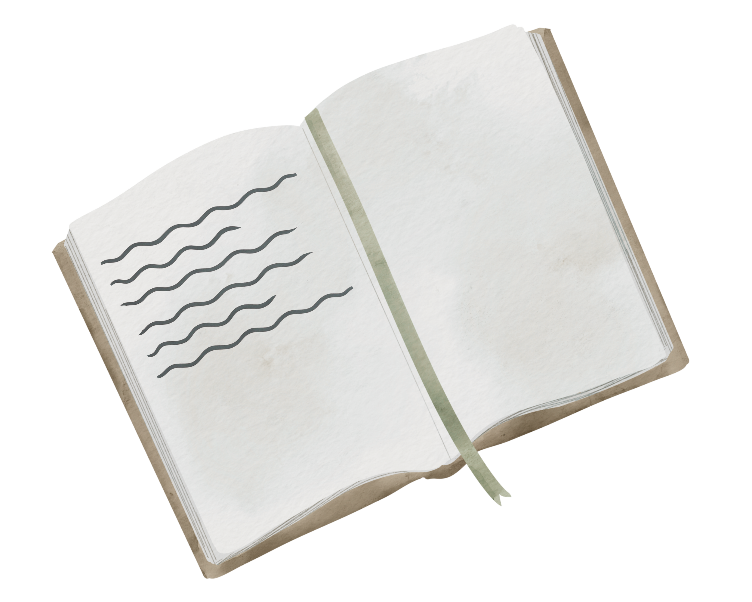 An open book with blank pages on the right and lines of black squiggly text on the left, a green ribbon bookmark in the middle.