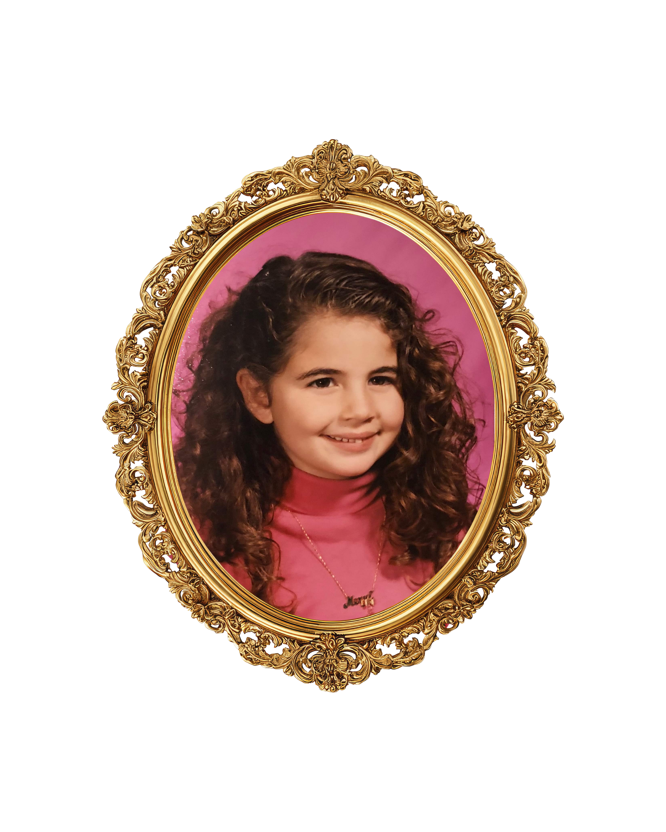 a young Meryl's school photo, wearing all pink