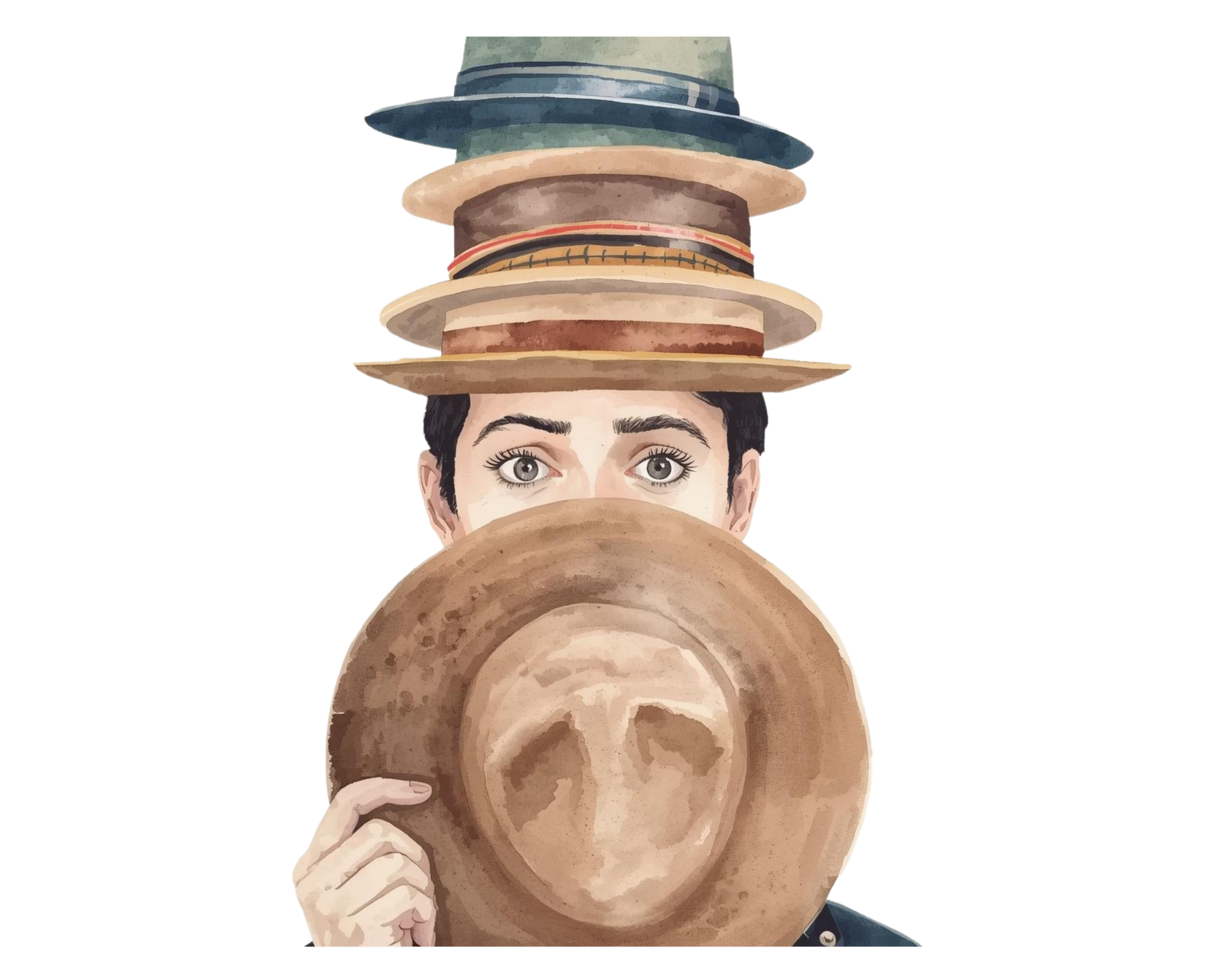 A person holds a wide-brimmed hat in front of their face, with only their eyes visible. Multiple hats are stacked on their head.