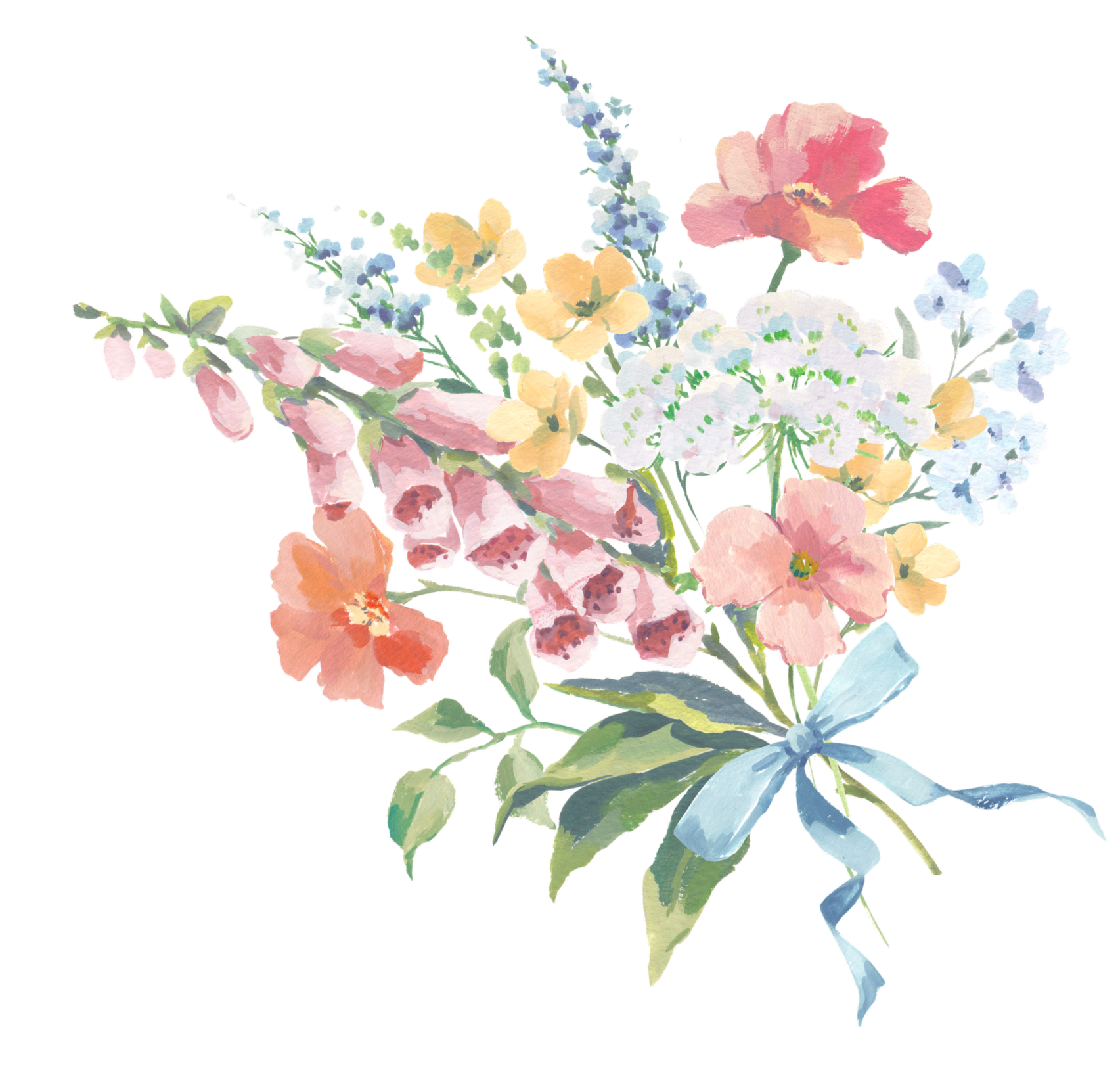 Watercolor illustration of a bouquet of colorful flowers including pink poppies, yellow and orange pansies, blue forget-me-nots, and purple lavender, tied with a blue ribbon.