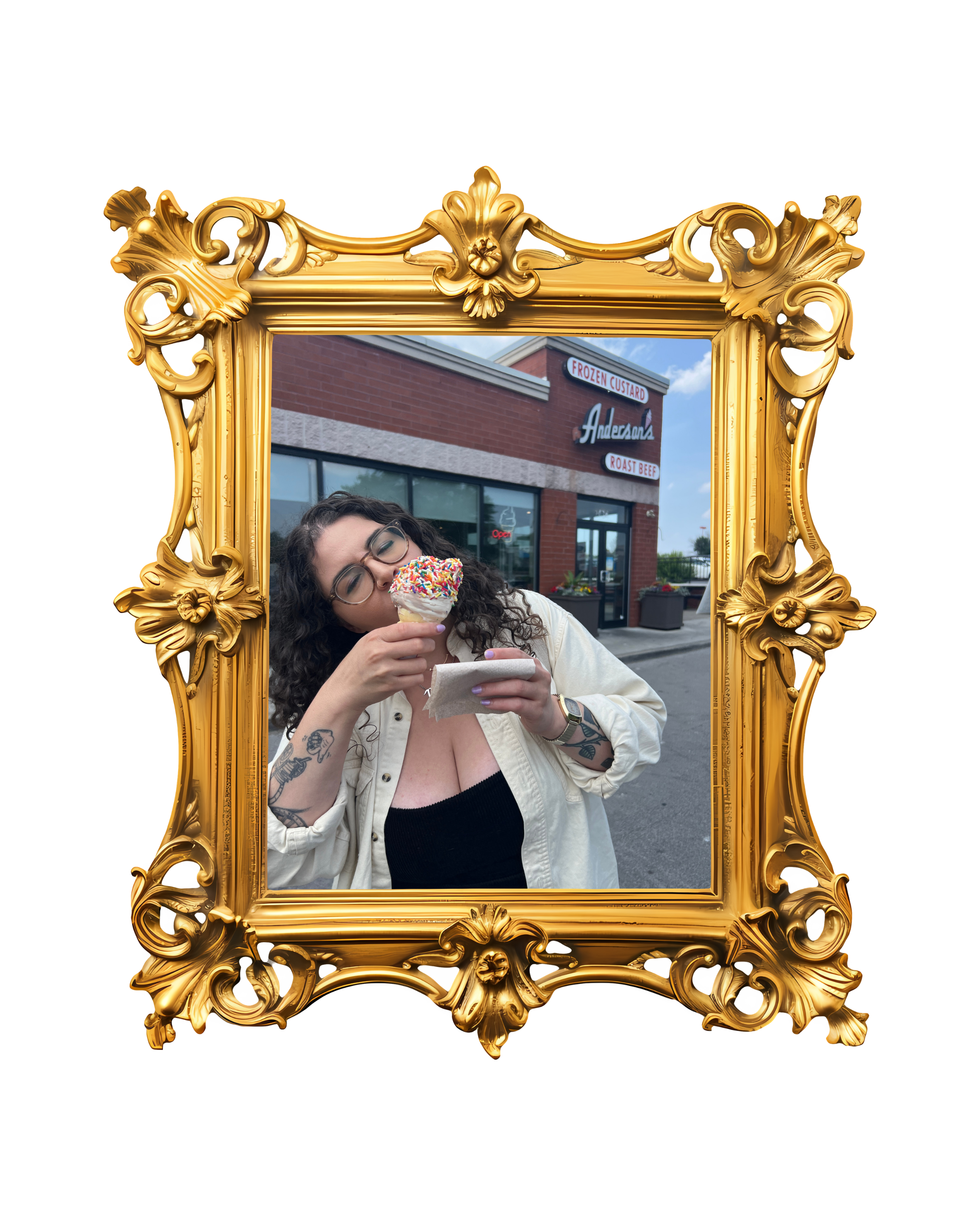 Meryl, somatic coach, wearing yellow and eating an ice cream cone with rainbow sprinkles