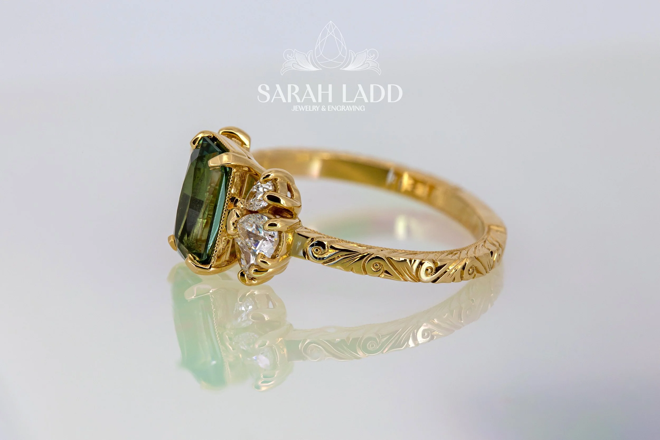 18k yellow gold ring, hand engraved and set with 1.16 carat Zambian tourmaline custom cut by Matthew Slade, and .48cts natural diamonds