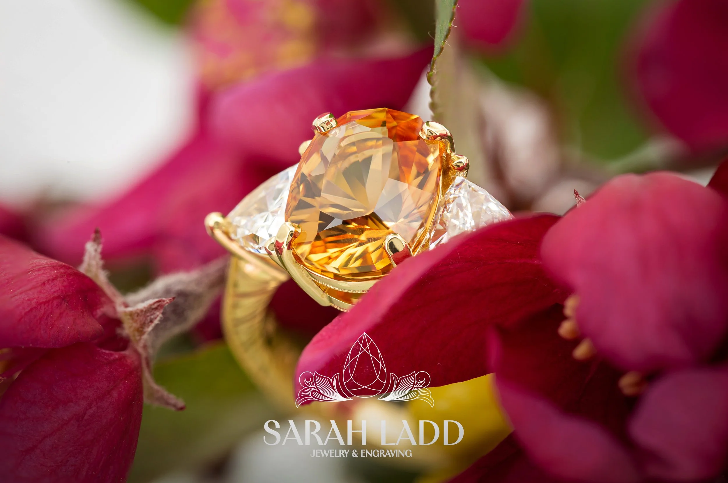 18k yellow gold ring, hand engraved and set with natural untreated Imperial Topaz and natural diamond trillion sides