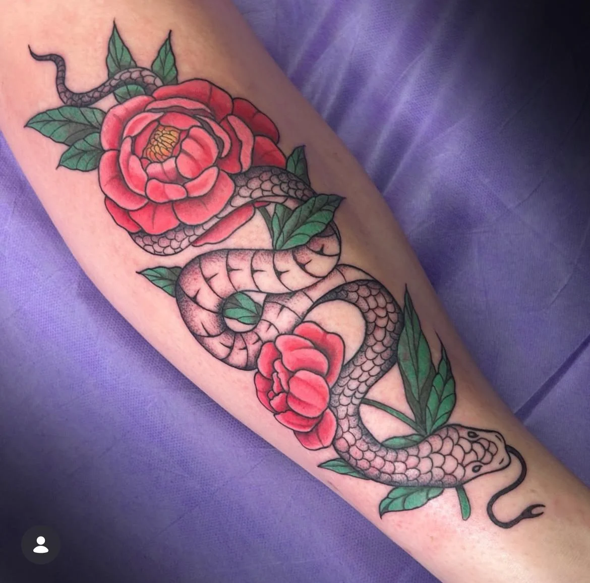 Tattoo of a snake intertwined with red peonies and green leaves on a person's arm.