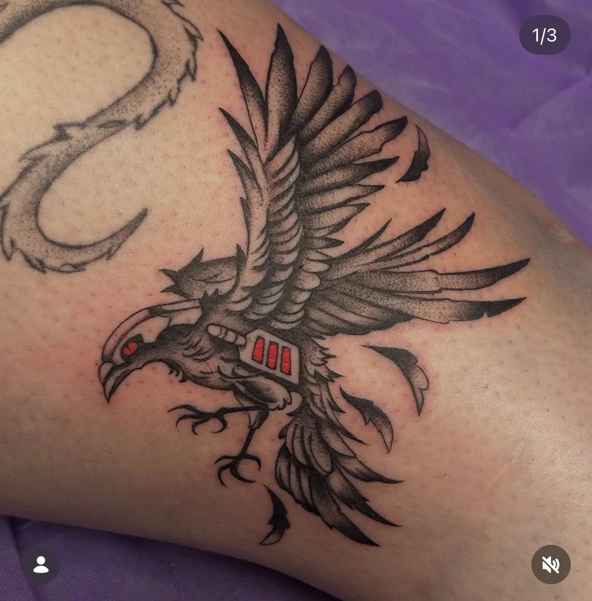 Tattoo of a fierce eagle with spread wings, holding a small object in its beak, with red accents on the object, on a person's arm.
