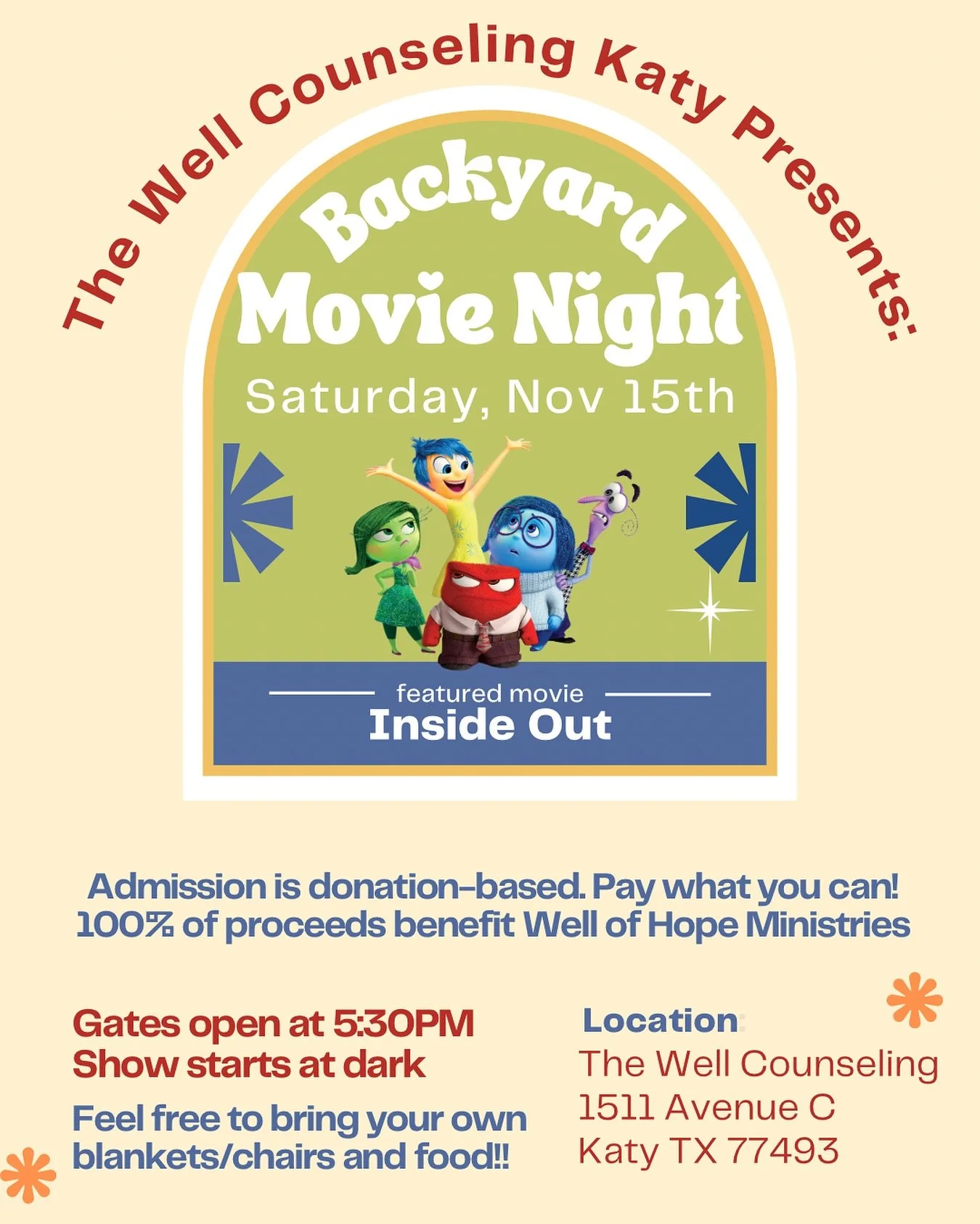 NEW DATE!! Here&rsquo;s hoping for clear skies on November 15th🤞🏽

We&rsquo;d love for you and your family to join us for an outdoor movie night @thewellcounselingkaty !!

Admission is donation-based. Show up &amp; pay what you can! 100% of proceed