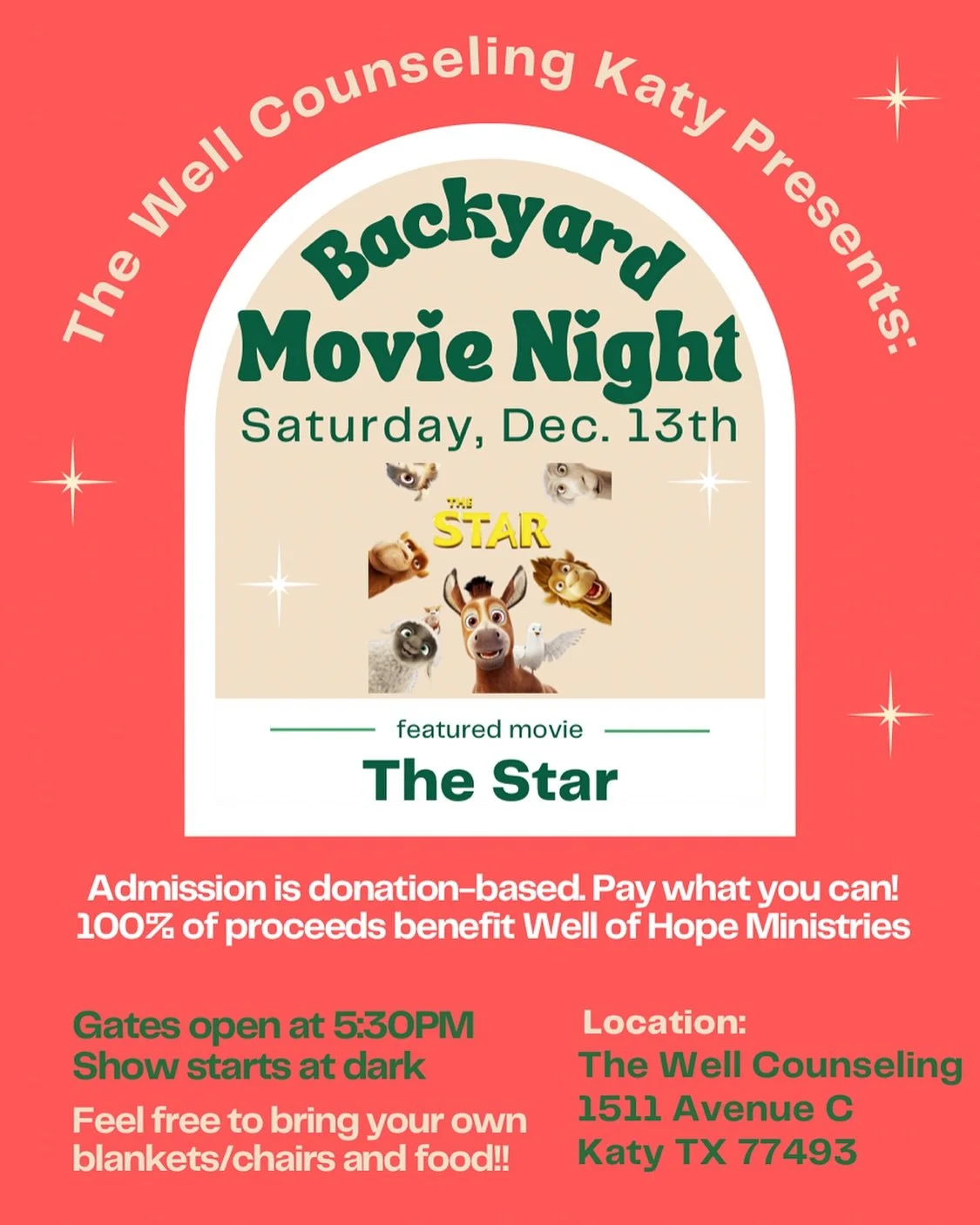 Mark your calendars and come cozy up @thewellcounselingkaty for a special Christmas movie night under the stars🎄🎥🍿

Featured Film: The Star🌟

Pay what you can! All proceeds benefit @wellofhopeministries sponsoring counseling sessions for those in