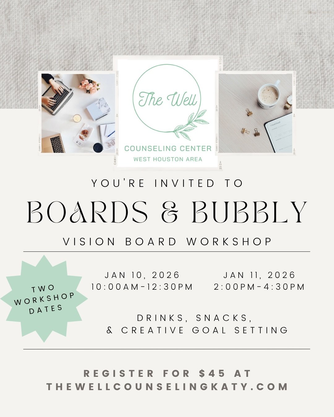 Registration is officially LIVE for our 2026 Boards &amp; Bubbly Vision Board Workshops🥂
Come kick off 2026 with big dreaming and creative goal setting. We&rsquo;ll sip something fun, set intentional goals, and craft vision boards that speak life ov