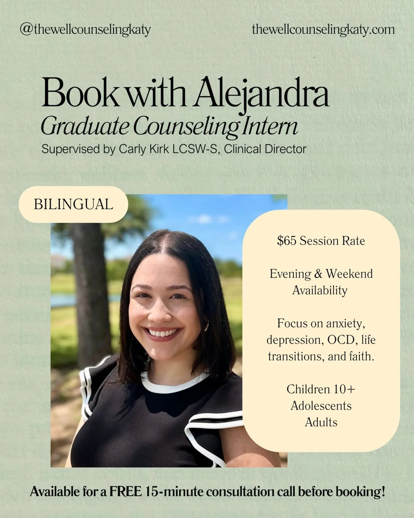 Our graduate intern, Alejandra, has been such a wonderful addition to our team! She has a heart for helping clients navigate life&rsquo;s challenges and build resilience along the way. 
Alejandra works with anxiety, OCD, depression, and body image co