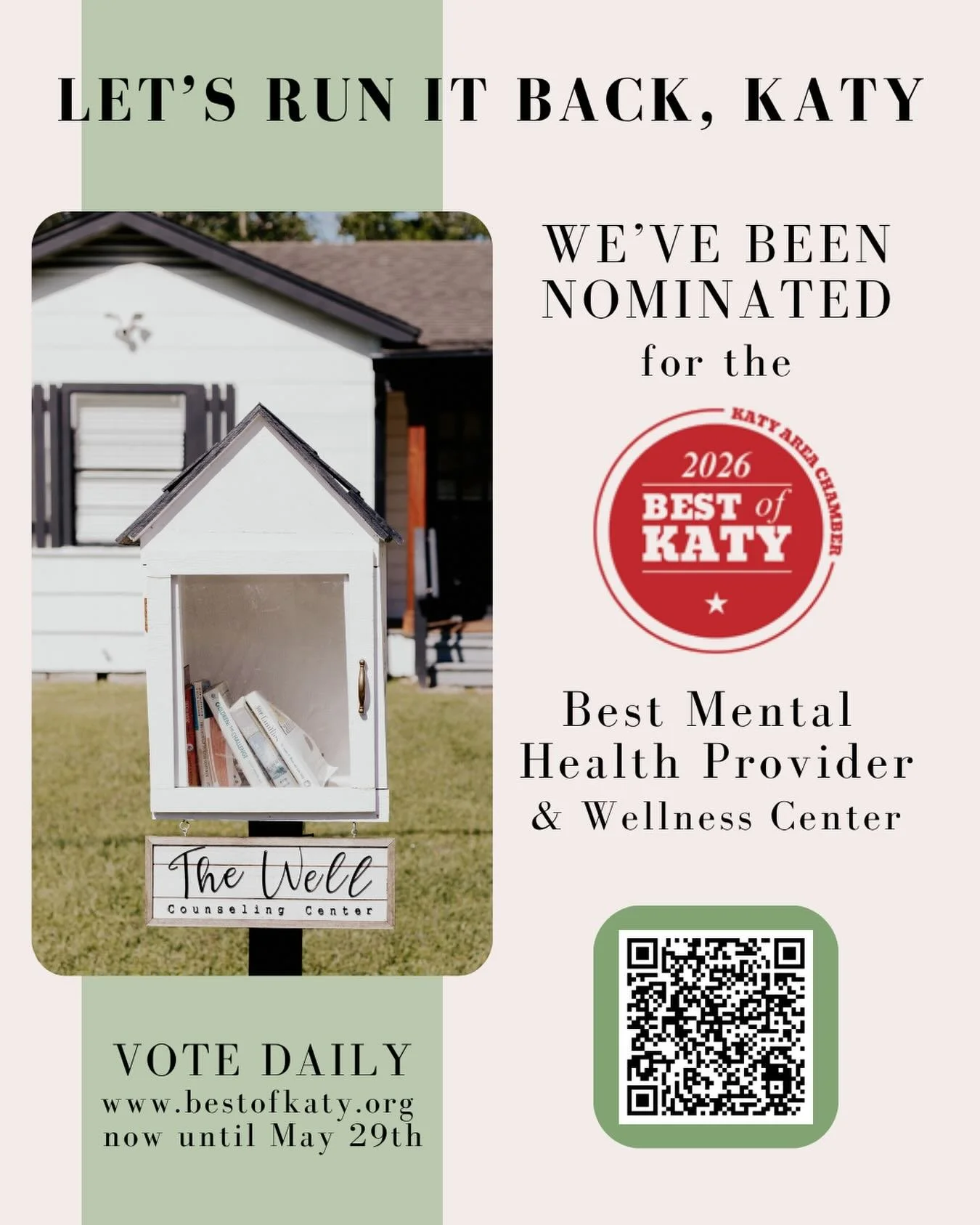 Last year, being voted Best of Katy for Mental Health Provider and Wellness Center meant more to us than we can say🌟

The awards are certainly fun, but what meant the most was what they represented. Our community values healing, emotional wellness, 