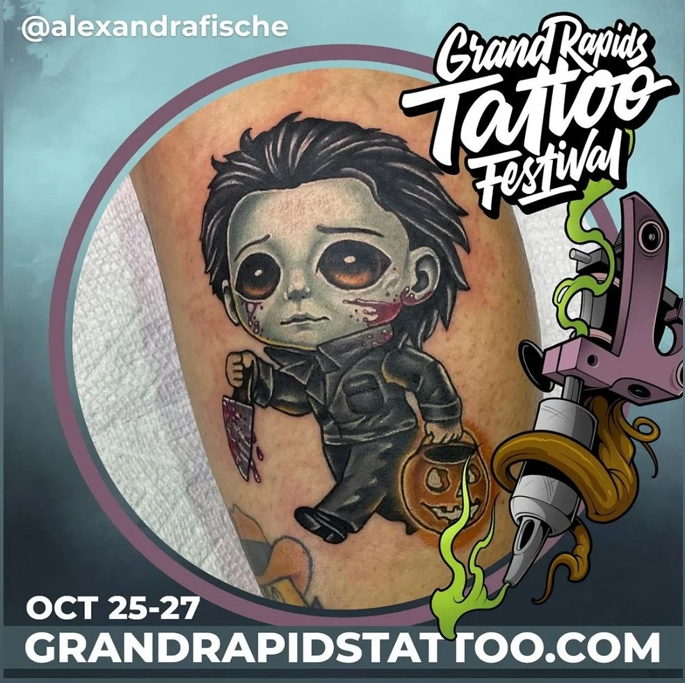 What&rsquo;s up Grand Rapids?!🧟&zwj;♂️ Today is the first day of the @grandrapidstattoofestival and some of my pals are in attendance! 

🦇Alexandra Fische @alexandrafische 
&bull; Private Studio
&bull; Phiadelphia, PA

🕸️ Flipshades @flipshades 
 