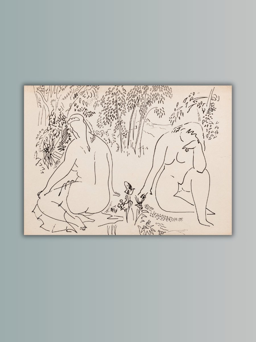 Pen-and-ink drawing of two seated female figures among garden foliage; artwork is offered unframed.