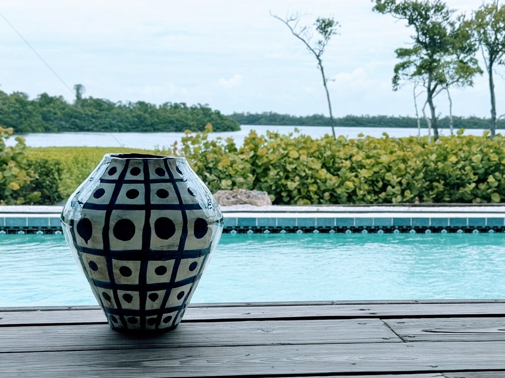 Blue and white italian ceramic vase by the pool.jpeg