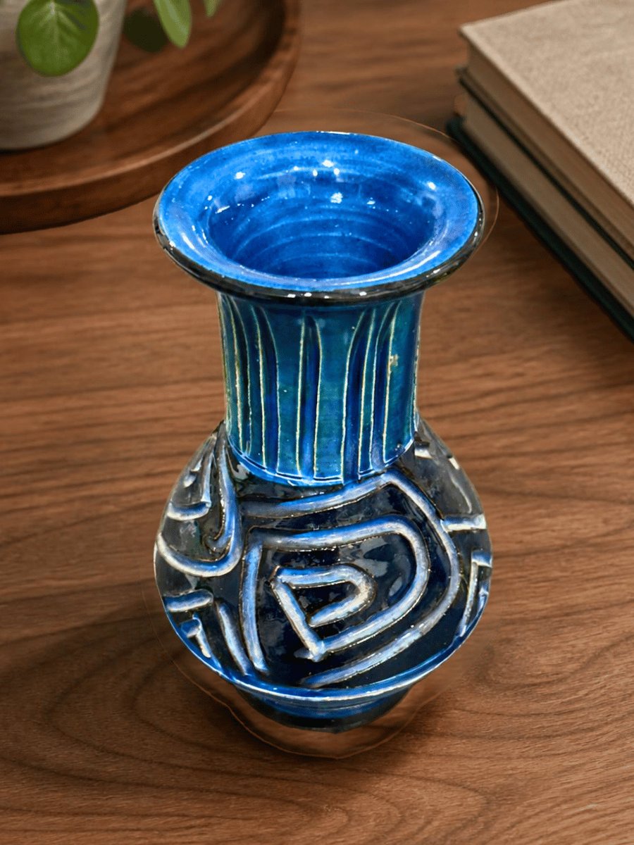 Cobalt Blue Incised Terracotta Vase